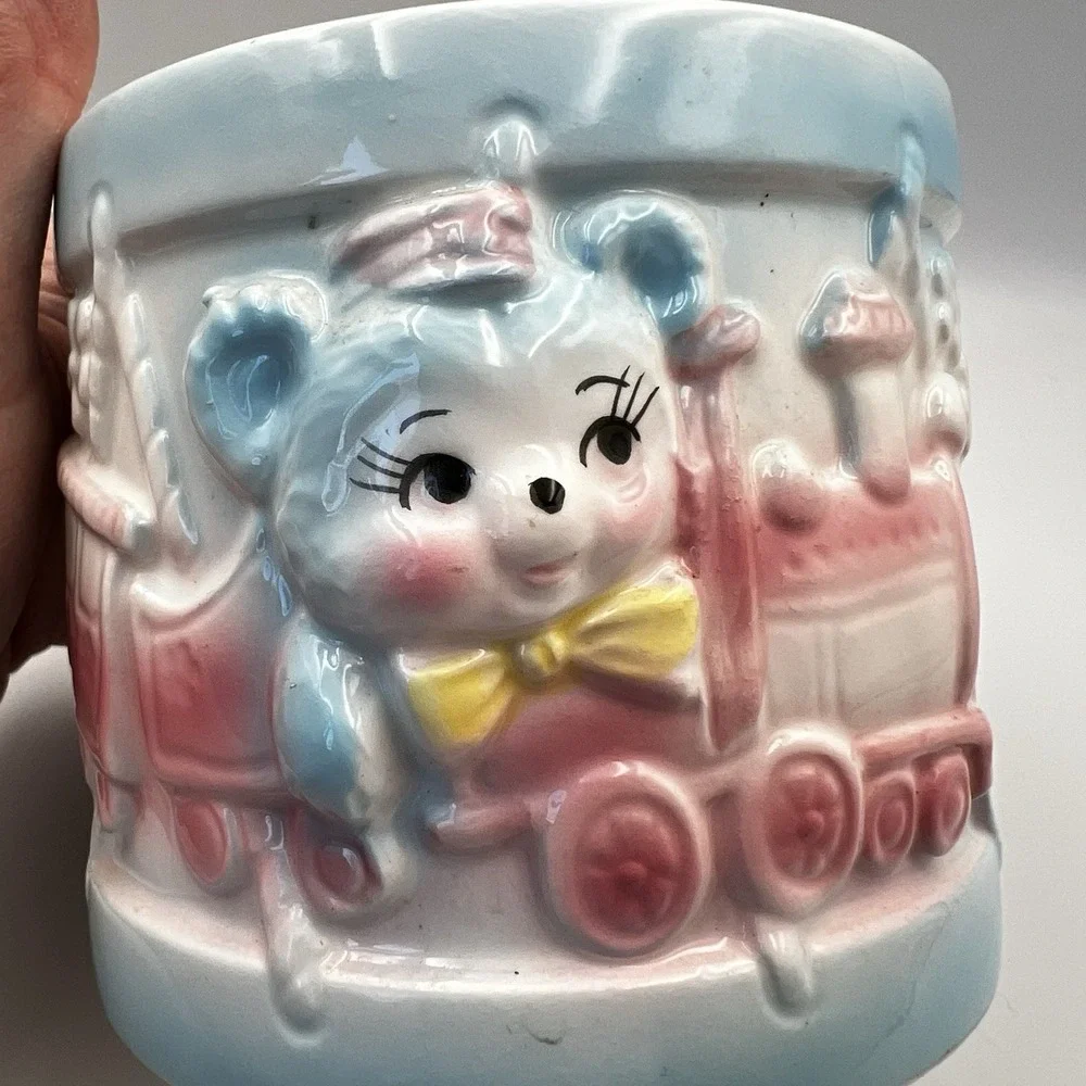 Vintage MCM Ardco Ceramic Baby Bear Train Flowers Nursery Planter Round Pastel